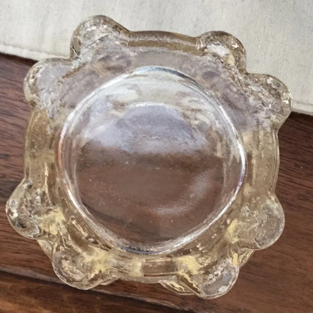 HEAVY vintage light yellow cut glass Santa votive candle holder.